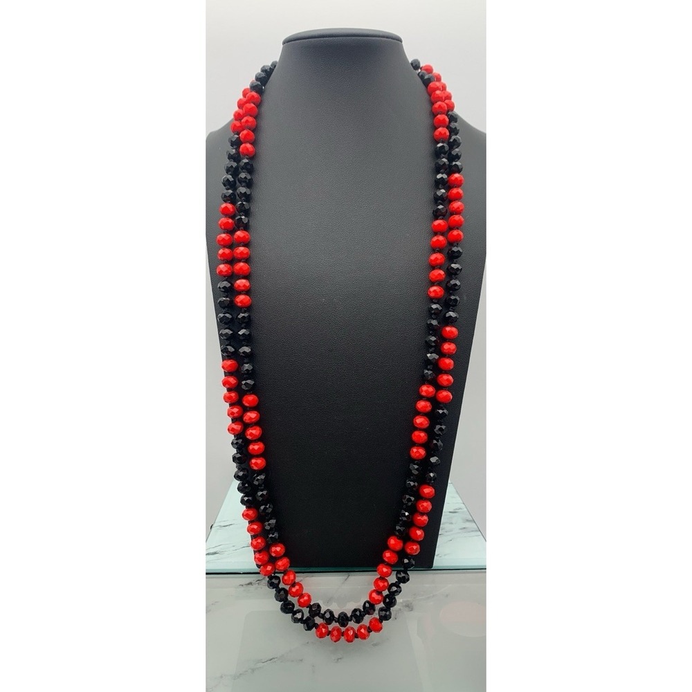Hand Knotted 62 Inch Black And Red Faceted Beaded Over The Head Necklace